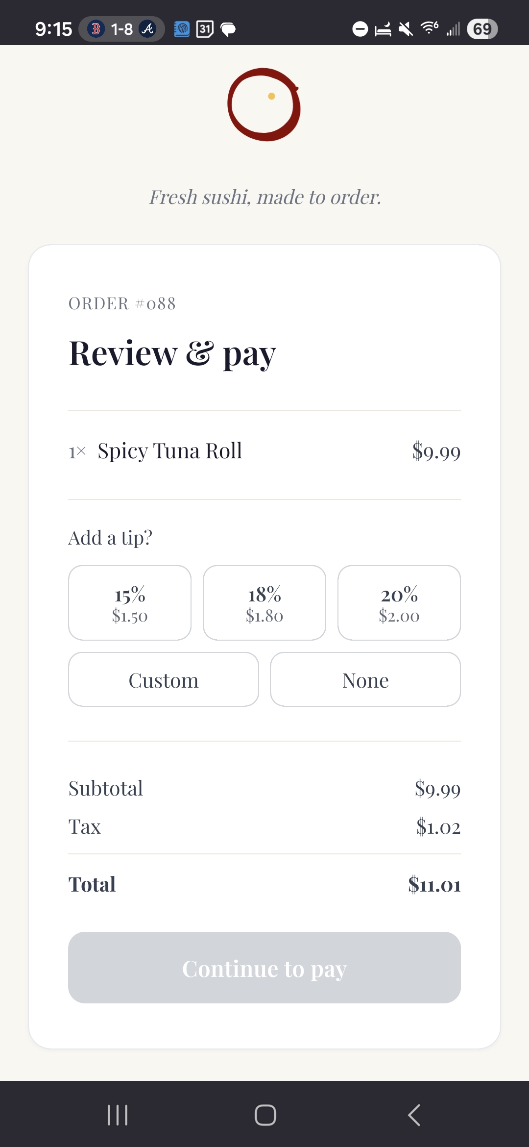 Order review and pay screen showing item details, tip options, subtotal, tax, total, and continue-to-pay action