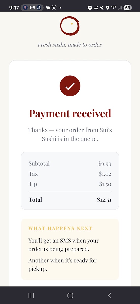 Payment received confirmation showing subtotal, tax, tip, total, and next-step SMS messaging